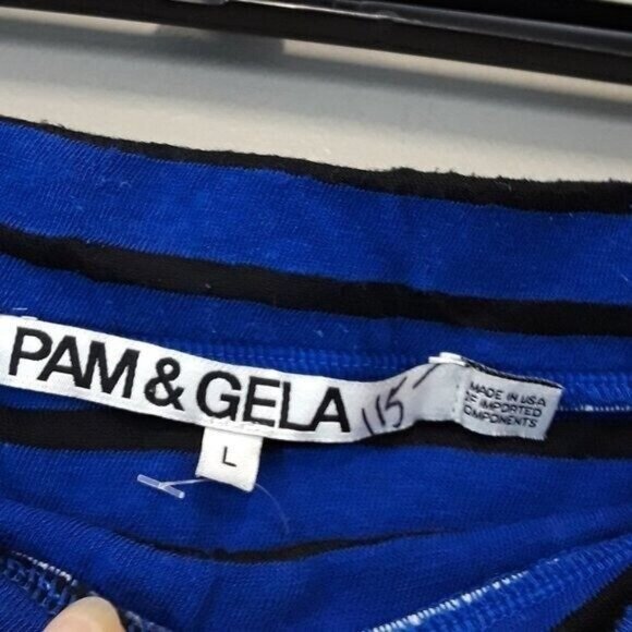 Pam & Gela Womens Mini Skirt Large Blue Black Striped Ruched Casual NWT - Picture 2 of 8